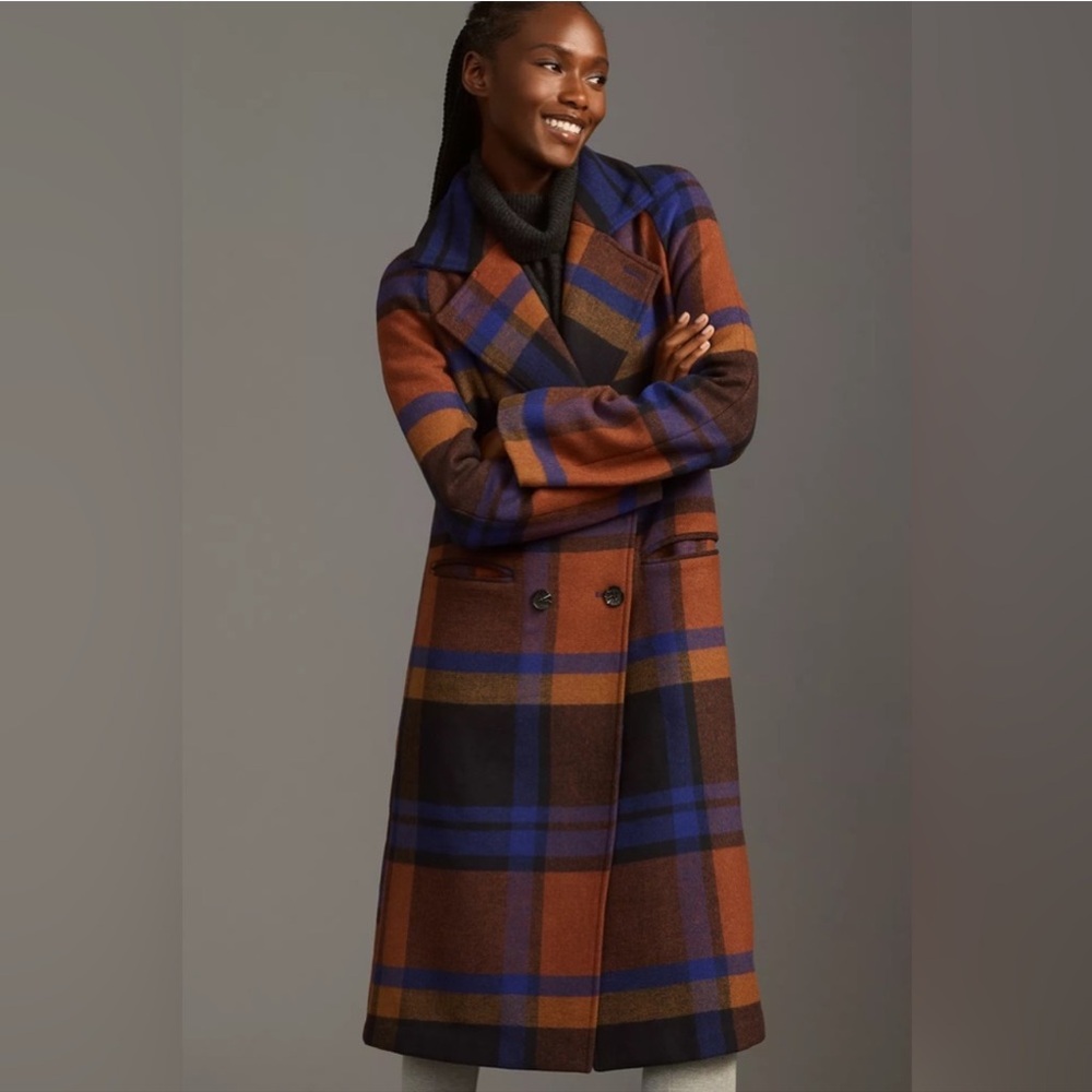 Anthropologie Brown, Blue & Black Plaid Wool-Blend Double-Breasted Pea Coat - Picture 7 of 10